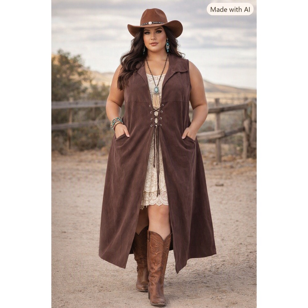 Vintage Lace Up Duster Women 1X Brown Faux Suede Western Boho Country Festival